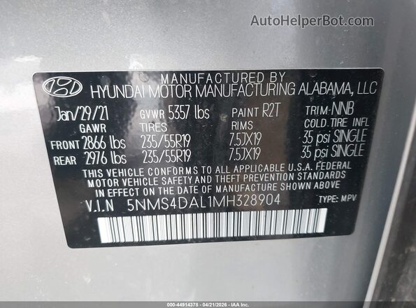 5NMS4DAL1MH328904 2021 HYUNDAI SANTA FE Silver 