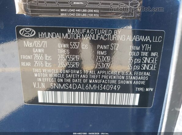 5NMS4DAL6MH340949 2021 HYUNDAI SANTA FE Blue Вид підкапотного простору