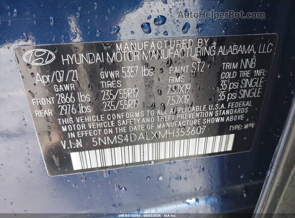 5NMS4DALXMH353607 2021 HYUNDAI SANTA FE Blue 
