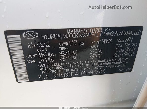 5NMS5DAL0NH447140 2022 HYUNDAI SANTA FE CALLIGRAPHY White Engine compartment view