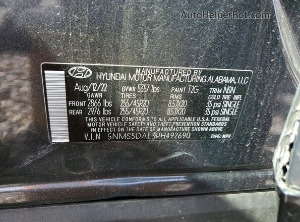 5NMS5DAL3PH492690 2023 HYUNDAI SANTA FE CALLIGRAPHY Charcoal VIN კოდის სტიკერის ხედი