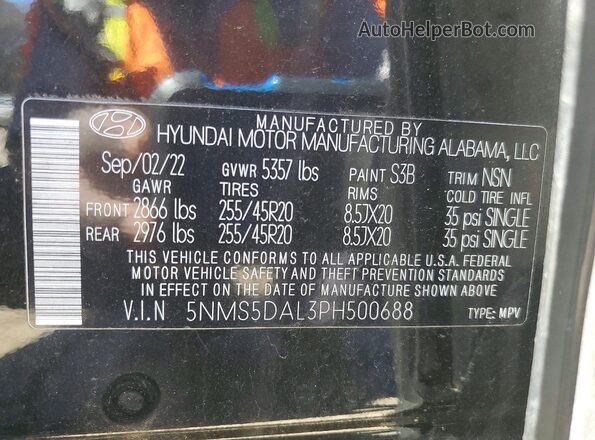 5NMS5DAL3PH500688 2023 HYUNDAI SANTA FE CALLIGRAPHY Black Вид наклейки з VIN-кодом