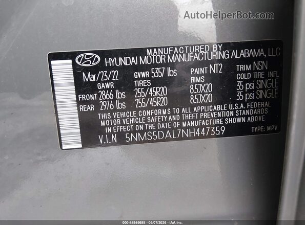 5NMS5DAL7NH447359 2022 HYUNDAI SANTA FE CALLIGRAPHY Gray Widok komory silnika