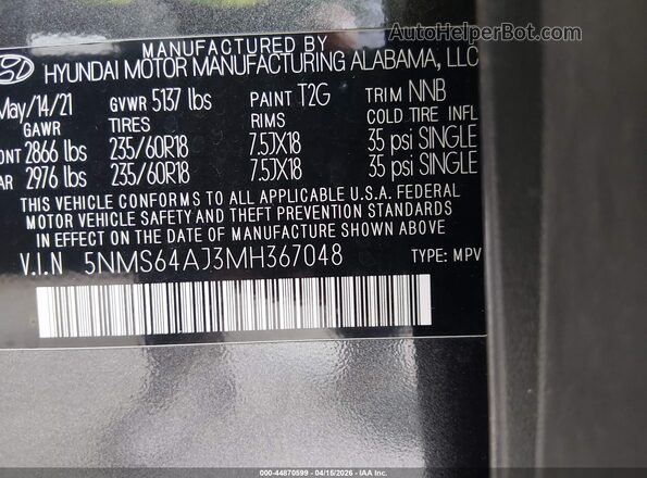 5NMS64AJ3MH367048 2021 HYUNDAI SANTA FE Gray Вид підкапотного простору