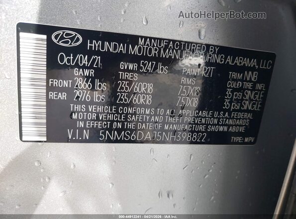 5NMS6DAJ5NH398822 2022 HYUNDAI SANTA FE Silver Engine compartment view