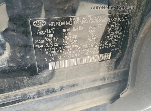 5NMZUDLB3JH074868 2018 HYUNDAI SANTA Black VIN კოდის სტიკერის ხედი