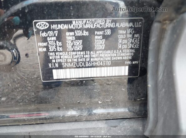 5NMZUDLB6HH043110 2017 HYUNDAI SANTA FE SPORT Black Вид підкапотного простору