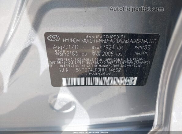 5NPD74LF0HH114602 2017 HYUNDAI ELANTRA Silver Вид підкапотного простору
