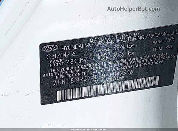 5NPD74LF0HH142366 2017 HYUNDAI ELANTRA White Engine compartment view