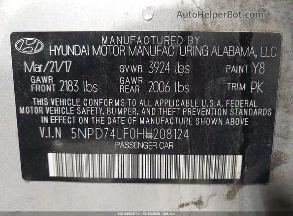 5NPD74LF0HH208124 2017 HYUNDAI ELANTRA Silver Engine compartment view