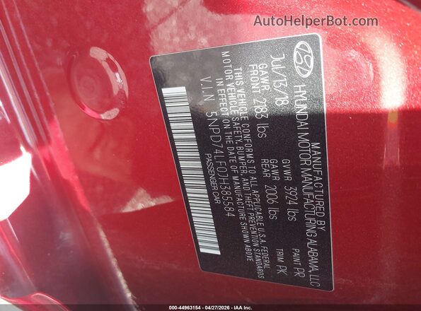 5NPD74LF0JH385584 2018 HYUNDAI ELANTRA Red Շարժիչի բաժամունքի տեսք