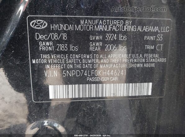 5NPD74LF0KH446241 2019 HYUNDAI ELANTRA Black Շարժիչի բաժամունքի տեսք