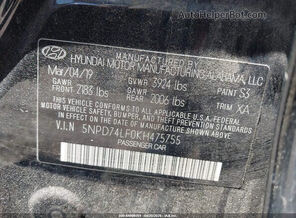 5NPD74LF0KH475755 2019 HYUNDAI ELANTRA Black Vista del compartimento del motor