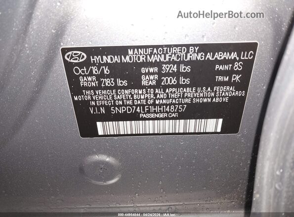 5NPD74LF1HH148757 2017 HYUNDAI ELANTRA Silver Շարժիչի բաժամունքի տեսք