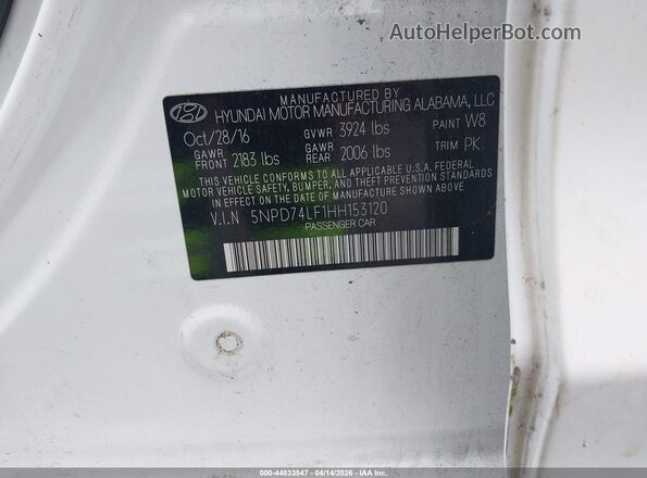 5NPD74LF1HH153120 2017 HYUNDAI ELANTRA White Vista del compartimento del motor