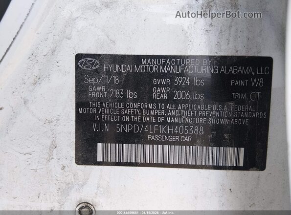 5NPD74LF1KH405388 2019 HYUNDAI ELANTRA Белый Вид подкапотного пространства