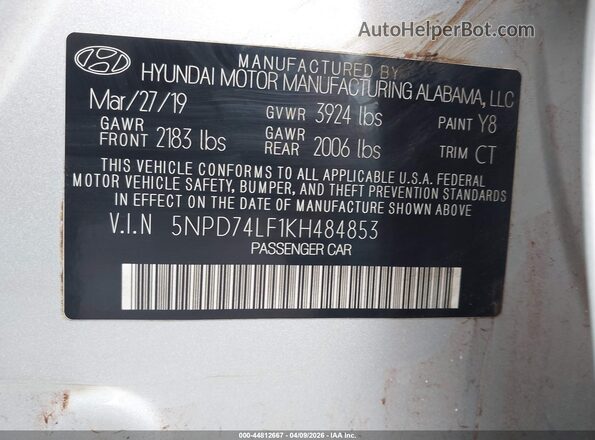 5NPD74LF1KH484853 2019 HYUNDAI ELANTRA Silver Widok komory silnika
