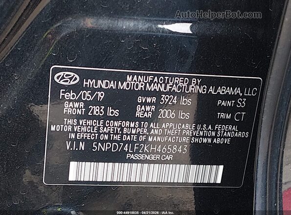 5NPD74LF2KH465843 2019 HYUNDAI ELANTRA Black Շարժիչի բաժամունքի տեսք