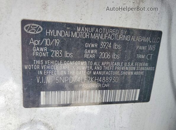 5NPD74LF2KH488930 2019 HYUNDAI ELANTRA White Widok komory silnika