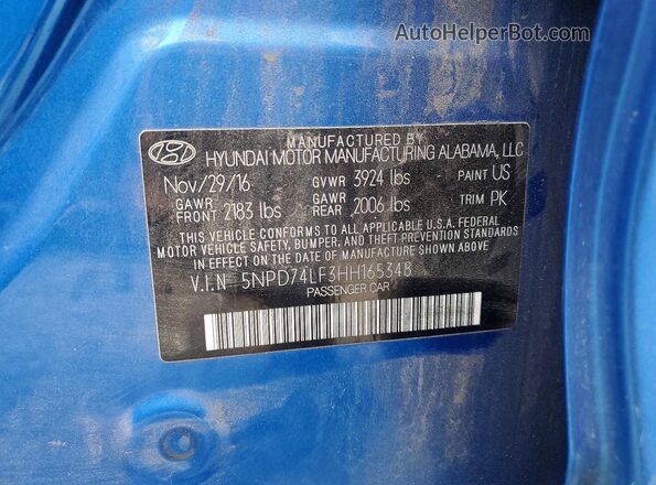 5NPD74LF3HH165348 2017 HYUNDAI ELANTRA Синий Вид подкапотного пространства