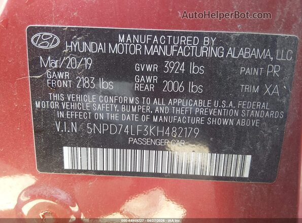 5NPD74LF3KH482179 2019 HYUNDAI ELANTRA Red Շարժիչի բաժամունքի տեսք