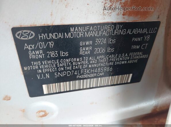 5NPD74LF3KH485986 2019 HYUNDAI ELANTRA Gray Engine compartment view