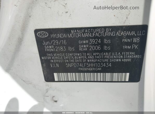 5NPD74LF5HH103434 2017 HYUNDAI ELANTRA White Engine compartment view