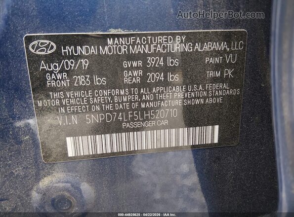 5NPD74LF5LH520710 2020 HYUNDAI ELANTRA Blue Engine compartment view
