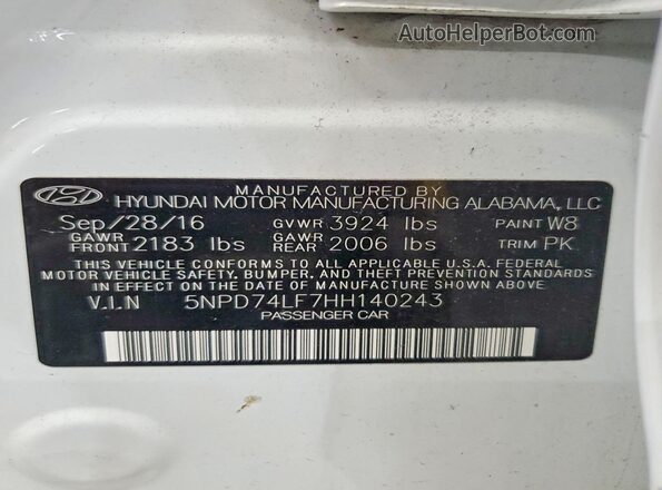 5NPD74LF7HH140243 2017 HYUNDAI ELANTRA White 