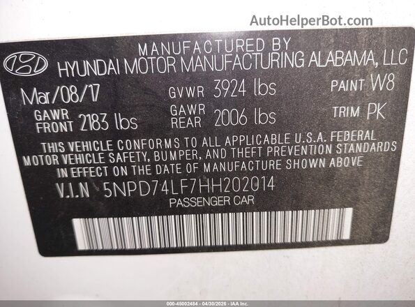 5NPD74LF7HH202014 2017 HYUNDAI ELANTRA White Շարժիչի բաժամունքի տեսք