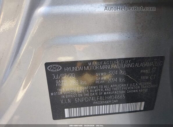5NPD74LF8LH604665 2020 HYUNDAI ELANTRA Silver Շարժիչի բաժամունքի տեսք