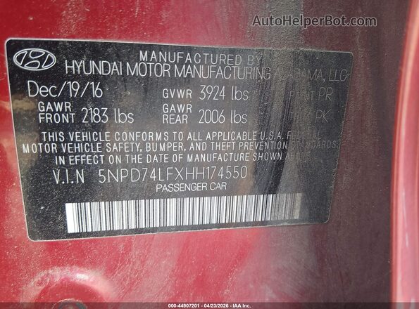 5NPD74LFXHH174550 2017 HYUNDAI ELANTRA Red ძრავის განყოფილების ხედი