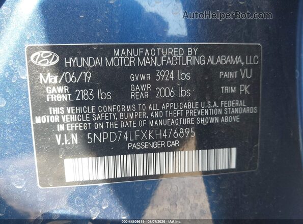 5NPD74LFXKH476895 2019 HYUNDAI ELANTRA Blue ძრავის განყოფილების ხედი