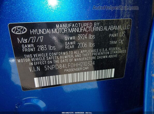 5NPD84LF0HH210324 2017 HYUNDAI ELANTRA Blue ძრავის განყოფილების ხედი