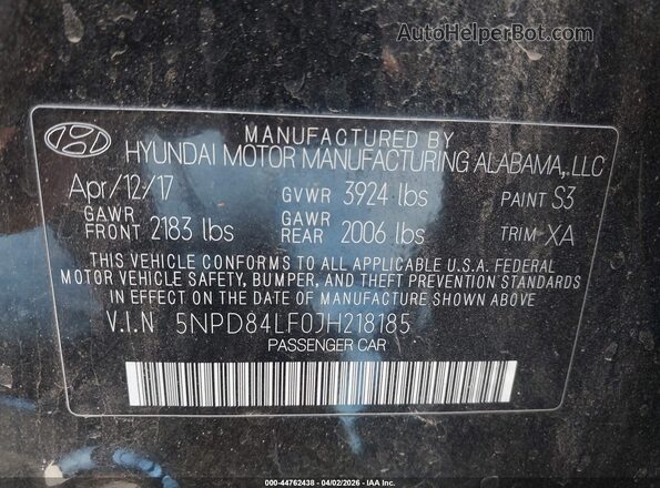 5NPD84LF0JH218185 2018 HYUNDAI ELANTRA Black Engine compartment view