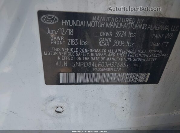 5NPD84LF0JH376851 2018 HYUNDAI ELANTRA White Vista del compartimento del motor