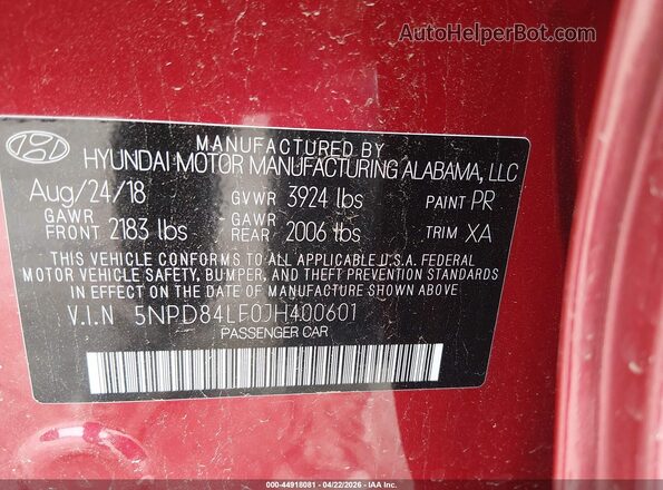5NPD84LF0JH400601 2018 HYUNDAI ELANTRA Red Widok komory silnika