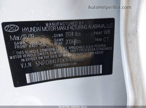 5NPD84LF0KH478880 2019 HYUNDAI ELANTRA White ძრავის განყოფილების ხედი