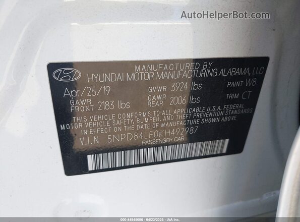 5NPD84LF0KH492987 2019 HYUNDAI ELANTRA White Widok komory silnika