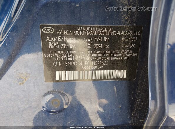 5NPD84LF0LH522622 2020 HYUNDAI ELANTRA Blue Вид підкапотного простору