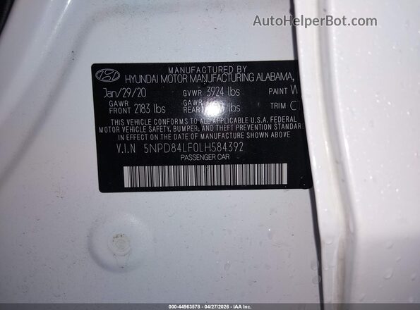 5NPD84LF0LH584392 2020 HYUNDAI ELANTRA White Շարժիչի բաժամունքի տեսք