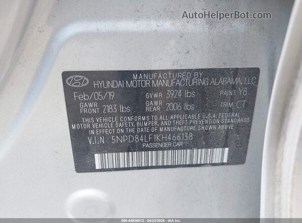 5NPD84LF1KH466138 2019 HYUNDAI ELANTRA Silver Widok komory silnika
