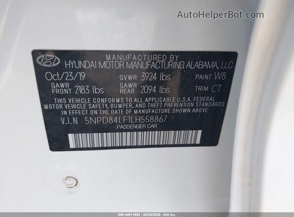 5NPD84LF1LH558867 2020 HYUNDAI ELANTRA White Вид підкапотного простору