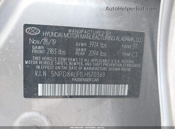 5NPD84LF1LH570369 2020 HYUNDAI ELANTRA Silver 