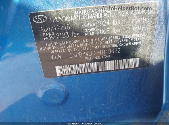 5NPD84LF2HH119622 2017 HYUNDAI ELANTRA Blue Vista del compartimento del motor