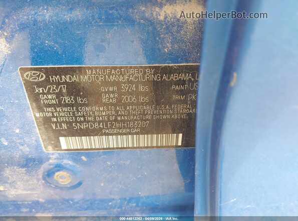 5NPD84LF2HH183207 2017 HYUNDAI ELANTRA Blue Engine compartment view