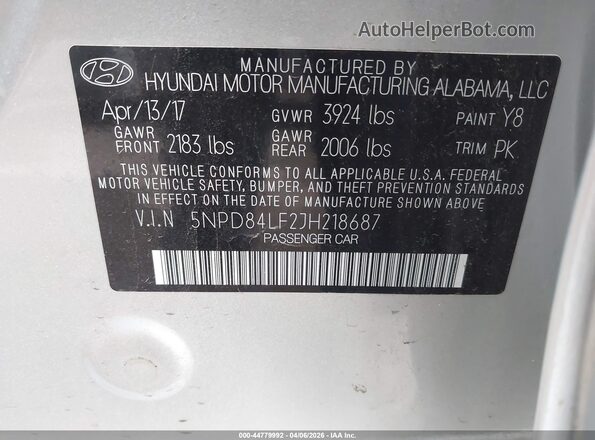 5NPD84LF2JH218687 2018 HYUNDAI ELANTRA Silver Շարժիչի բաժամունքի տեսք