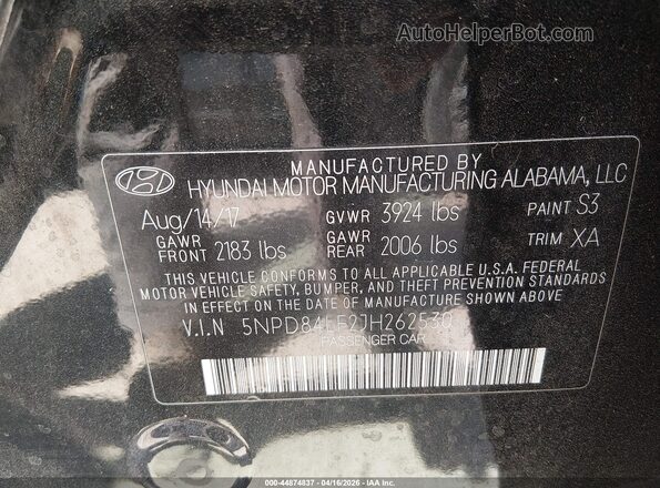 5NPD84LF2JH262530 2018 HYUNDAI ELANTRA Black 