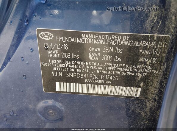 5NPD84LF2KH417420 2019 HYUNDAI ELANTRA Синий Вид подкапотного пространства