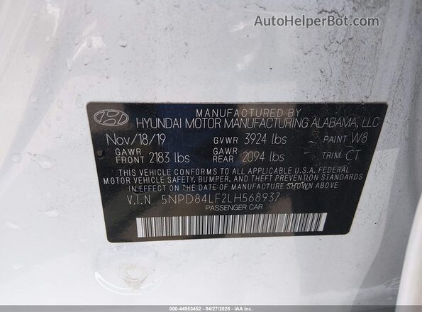 5NPD84LF2LH568937 2020 HYUNDAI ELANTRA White Widok komory silnika